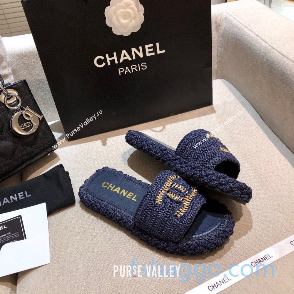 Chanel Cord Slide Sandal Mules G36923 Navy Blue 2020 (MD-21010631)