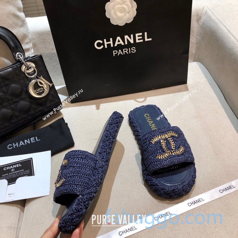 Chanel Cord Slide Sandal Mules G36923 Navy Blue 2020 (MD-21010631)