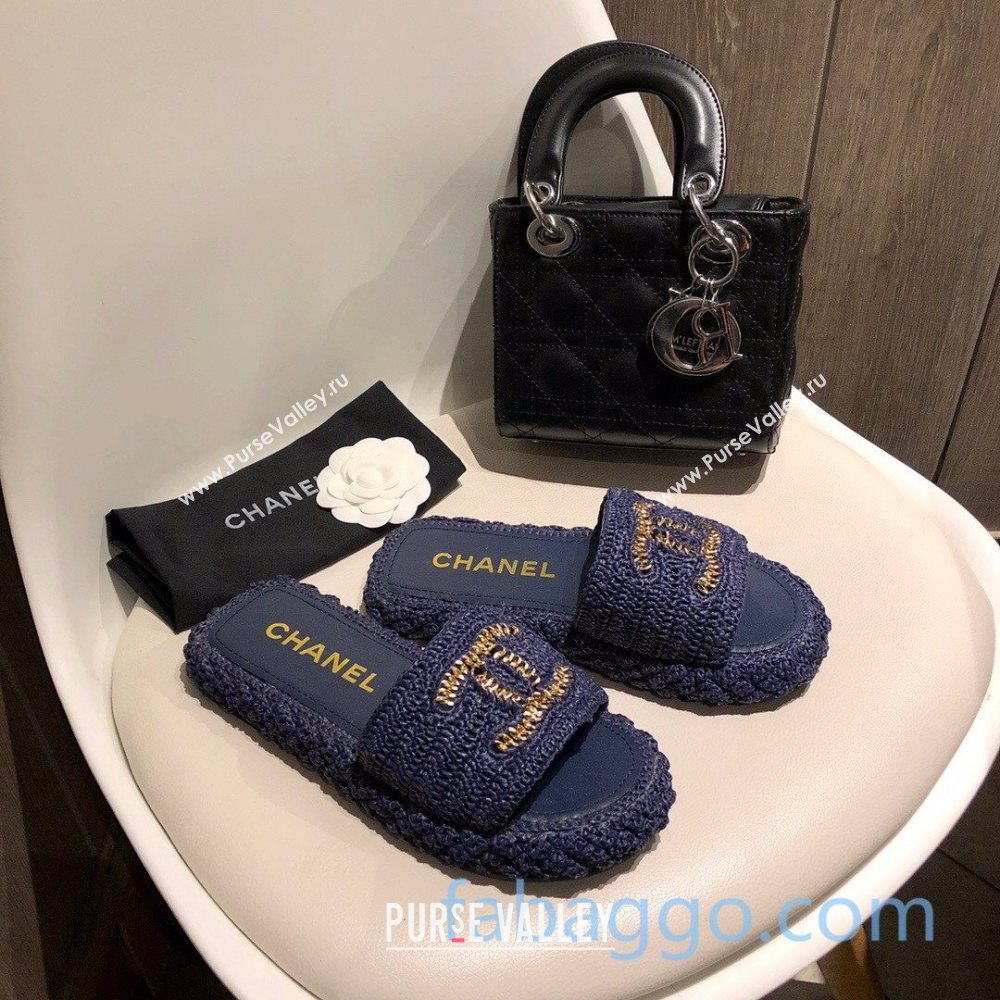 Chanel Cord Slide Sandal Mules G36923 Navy Blue 2020 (MD-21010631)