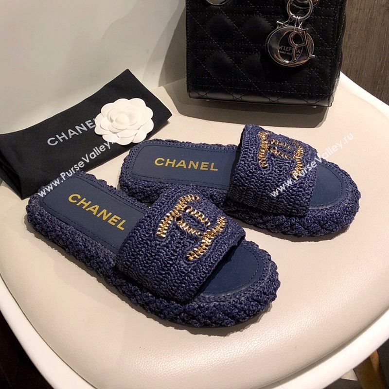 Chanel Cord Slide Sandal Mules G36923 Navy Blue 2020 (MD-21010631)