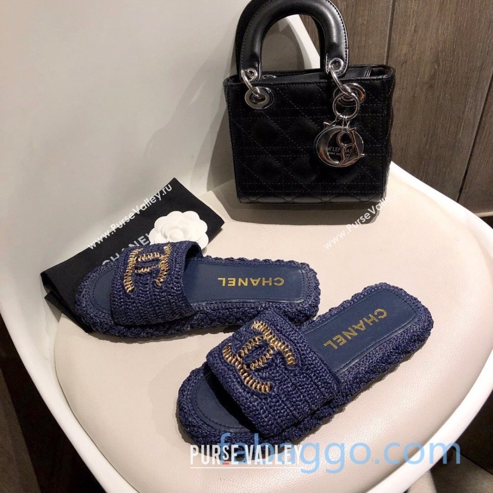 Chanel Cord Slide Sandal Mules G36923 Navy Blue 2020 (MD-21010631)