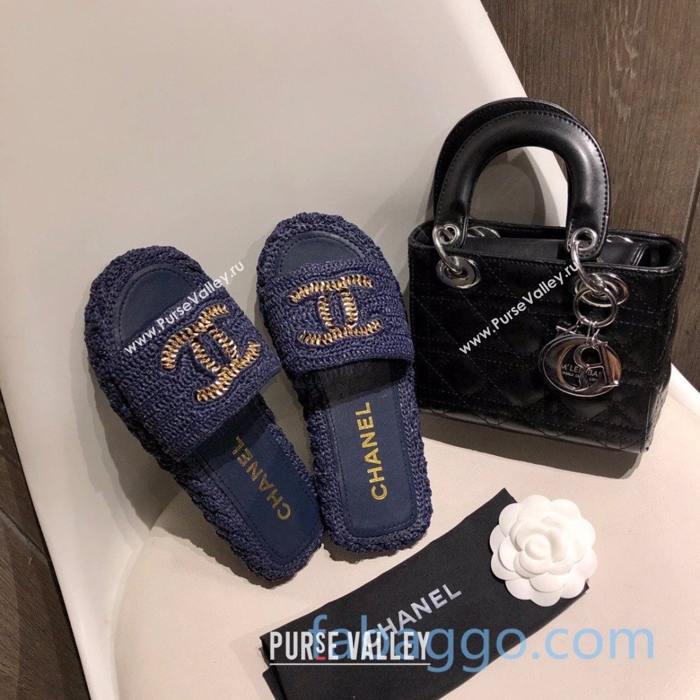 Chanel Cord Slide Sandal Mules G36923 Navy Blue 2020 (MD-21010631)