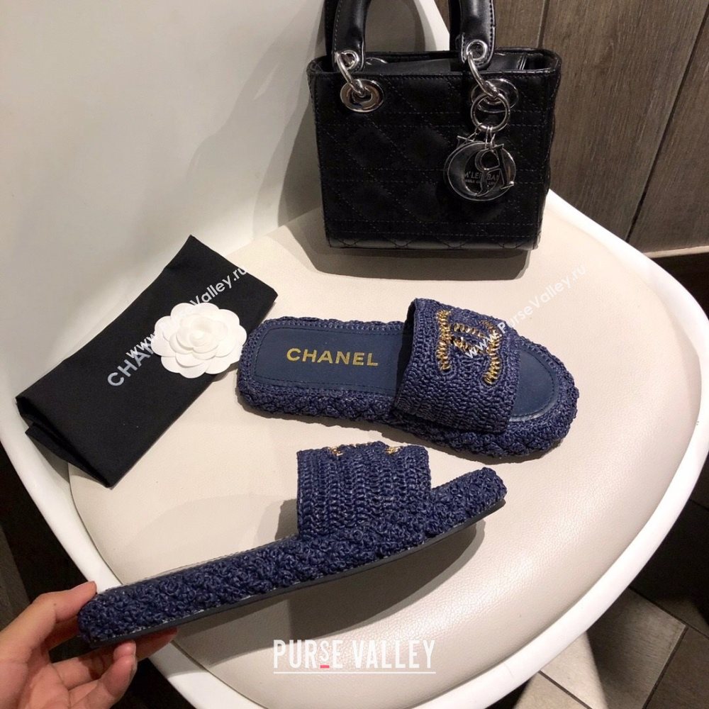 Chanel Cord Slide Sandal Mules G36923 Navy Blue 2020 (MD-21010631)