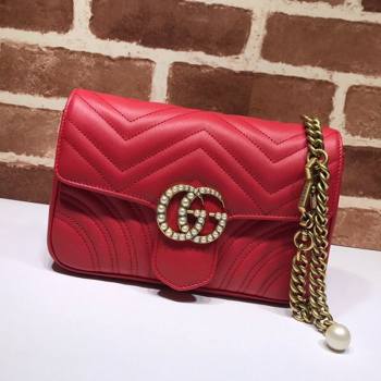 Gucci GG Marmont Leather Pearl Belt Bag 476809 Red 2021 (DLH-21072647)