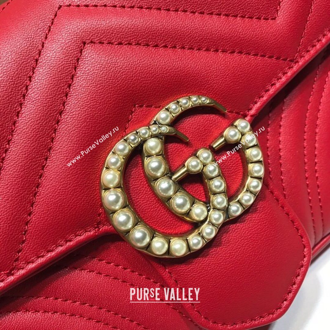 Gucci GG Marmont Leather Pearl Belt Bag 476809 Red 2021 (DLH-21072647)