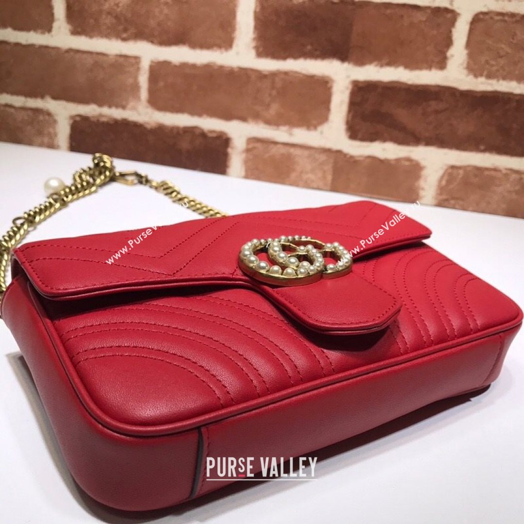 Gucci GG Marmont Leather Pearl Belt Bag 476809 Red 2021 (DLH-21072647)