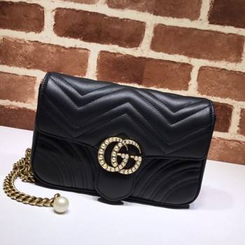 Gucci GG Marmont Leather Pearl Belt Bag 476809 Black 2021 (DLH-21072650)