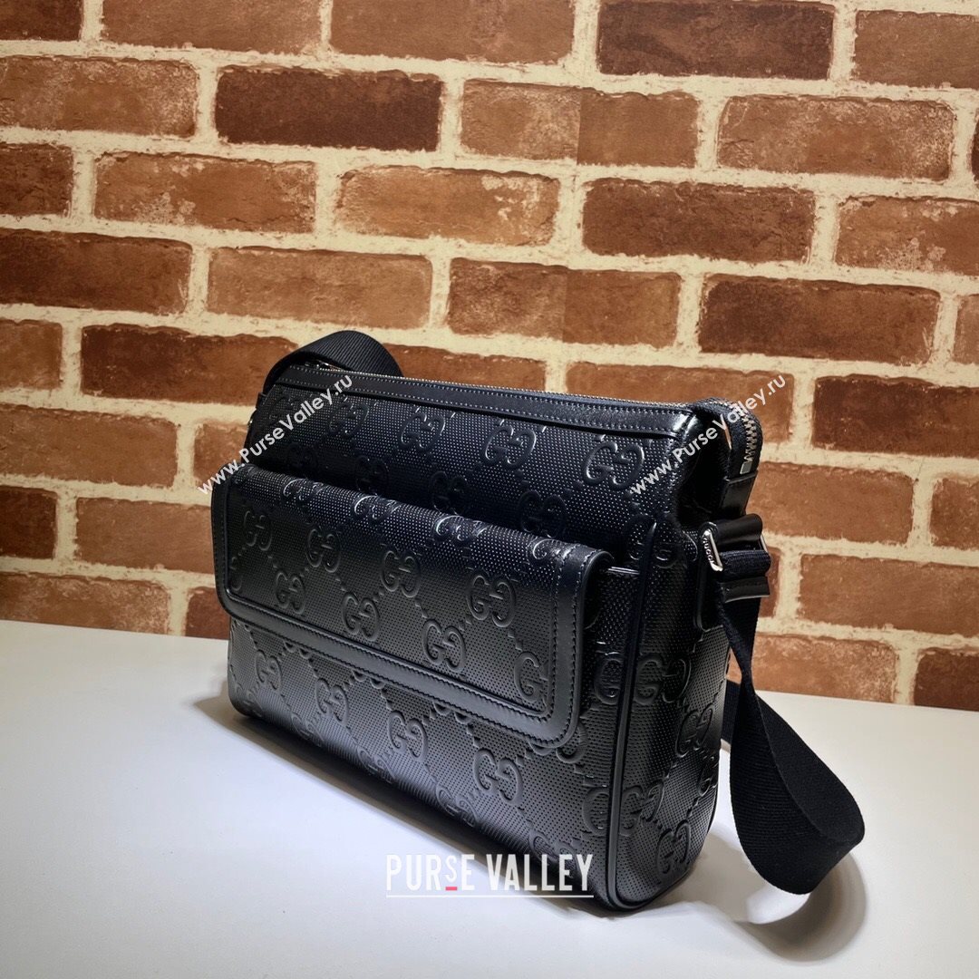 Gucci GG Embossed Leather Messenger Bag 658565 Black 2021 (DLH-21072651)