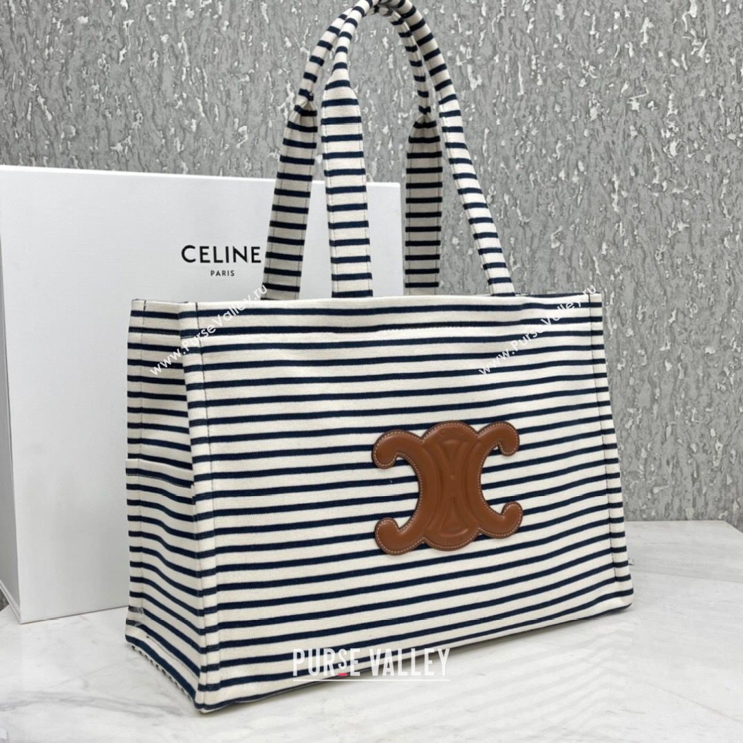 Celine Large Cabas Thais Tote Bag in Striped Textile Navy Blue/White 2021 (BL-21072657)