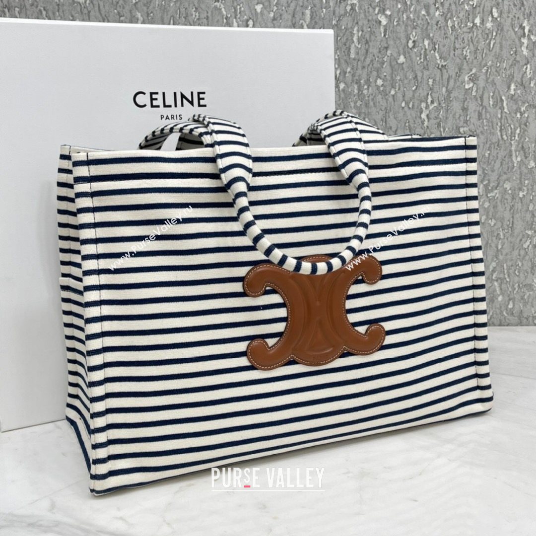 Celine Large Cabas Thais Tote Bag in Striped Textile Navy Blue/White 2021 (BL-21072657)