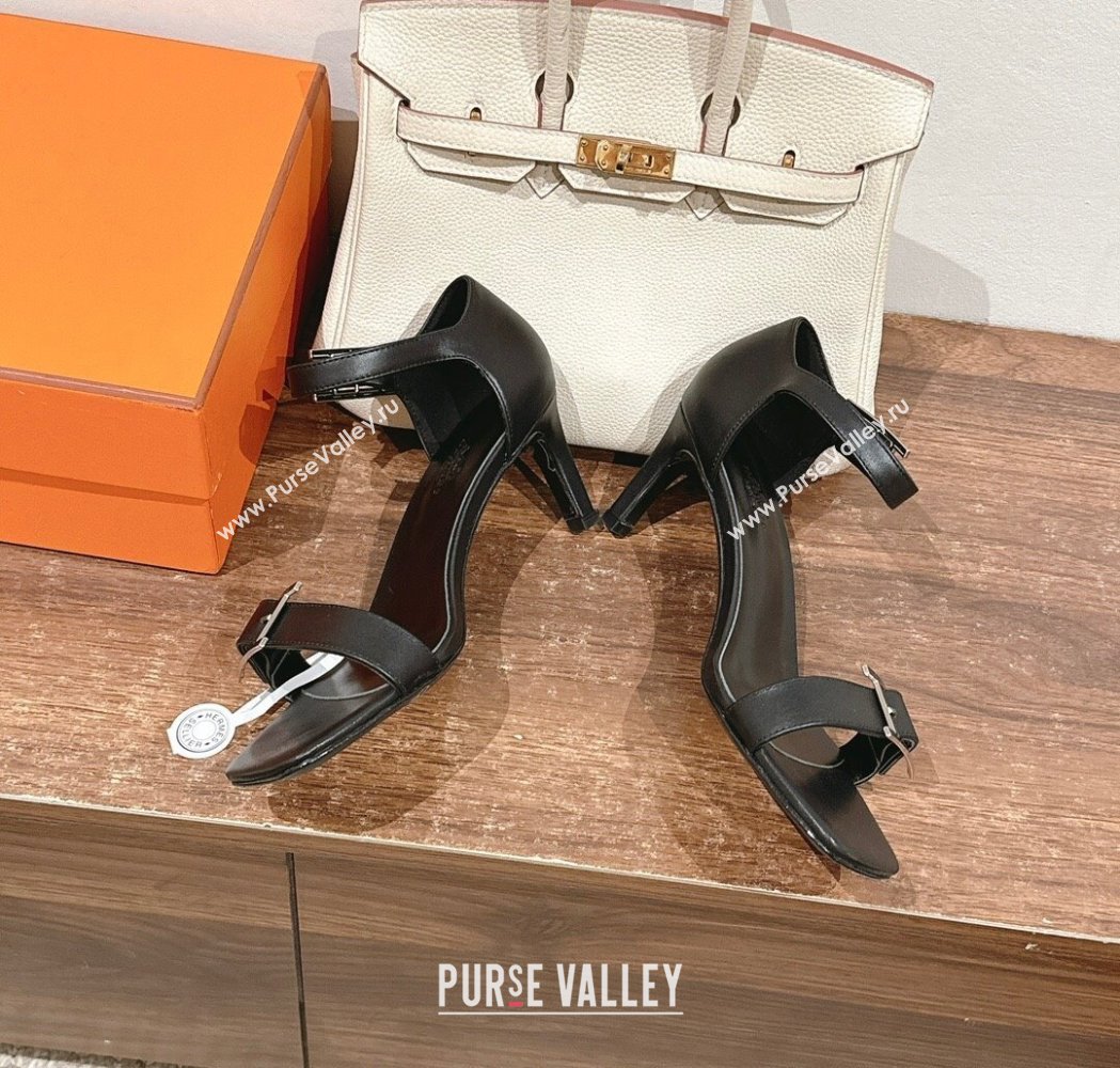 Hermes Judy Heel Sandals 7cm in Calfskin with Hapi Buckle Black 2025 H02276 (MD-250227105)