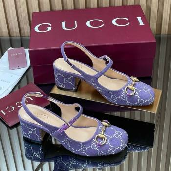 Gucci Horsebit Mary Janes Slingback Pumps 5.5cm in Strass Denim Purple 2025 801893 (MD-250828005)