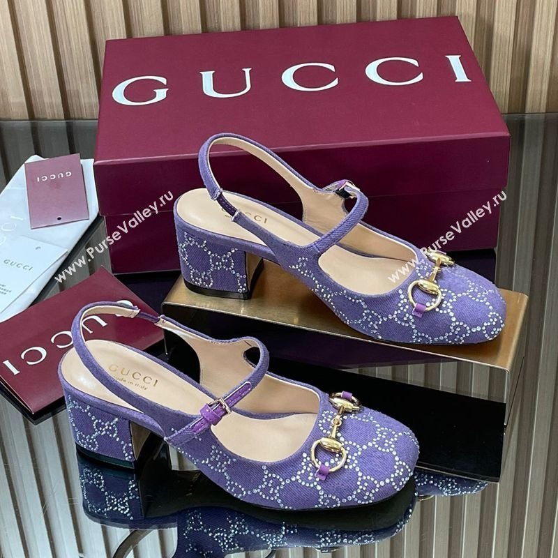 Gucci Horsebit Mary Janes Slingback Pumps 5.5cm in Strass Denim Purple 2025 801893 (MD-250828005)