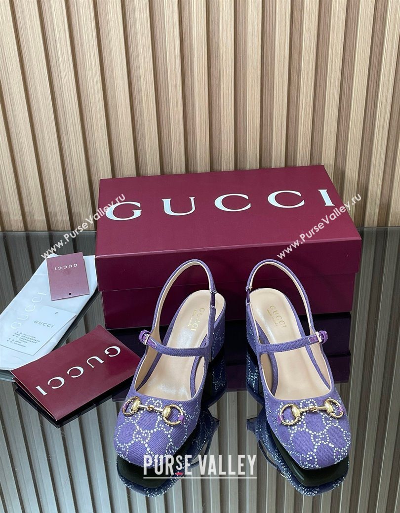 Gucci Horsebit Mary Janes Slingback Pumps 5.5cm in Strass Denim Purple 2025 801893 (MD-250828005)