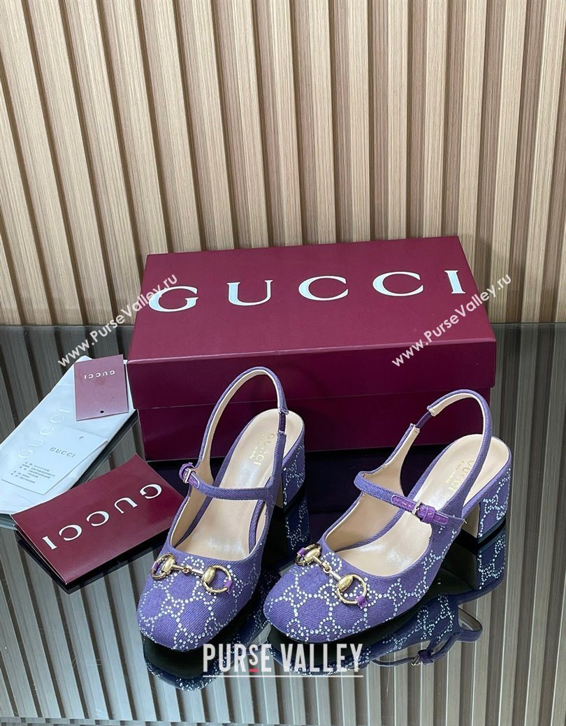 Gucci Horsebit Mary Janes Slingback Pumps 5.5cm in Strass Denim Purple 2025 801893 (MD-250828005)