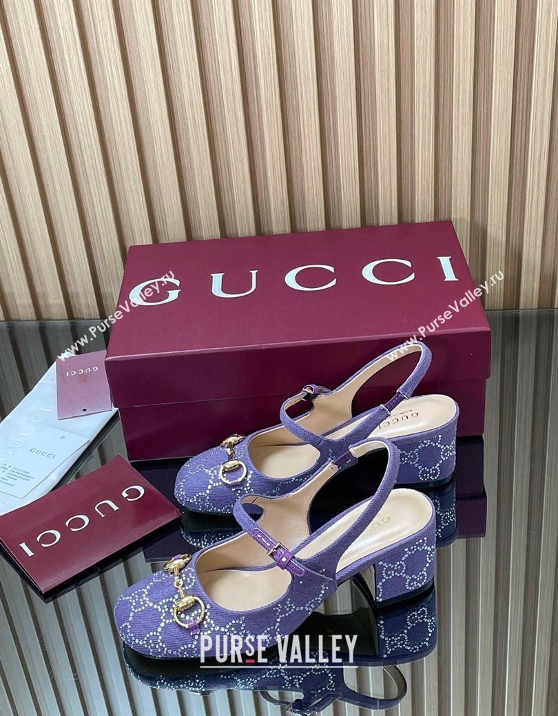 Gucci Horsebit Mary Janes Slingback Pumps 5.5cm in Strass Denim Purple 2025 801893 (MD-250828005)