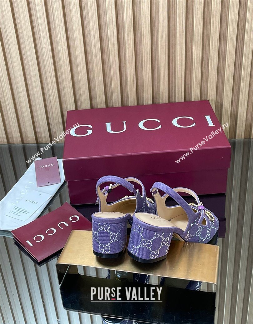Gucci Horsebit Mary Janes Slingback Pumps 5.5cm in Strass Denim Purple 2025 801893 (MD-250828005)