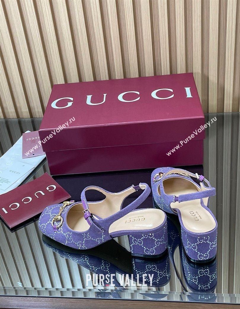 Gucci Horsebit Mary Janes Slingback Pumps 5.5cm in Strass Denim Purple 2025 801893 (MD-250828005)