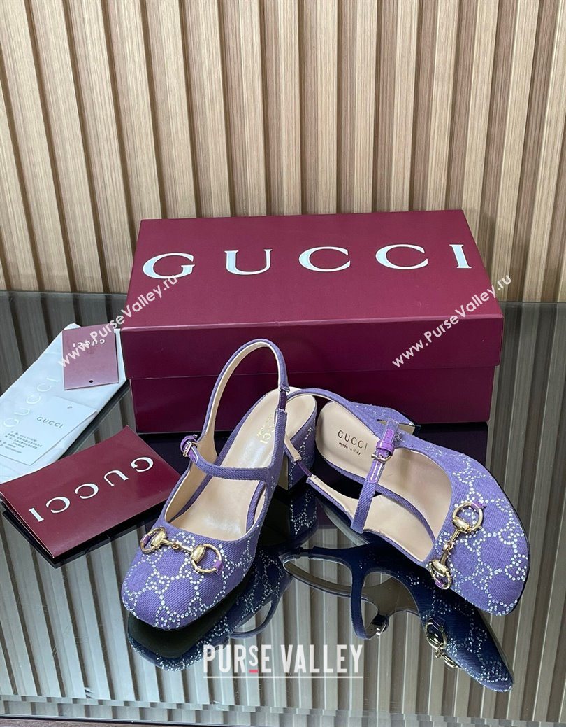 Gucci Horsebit Mary Janes Slingback Pumps 5.5cm in Strass Denim Purple 2025 801893 (MD-250828005)