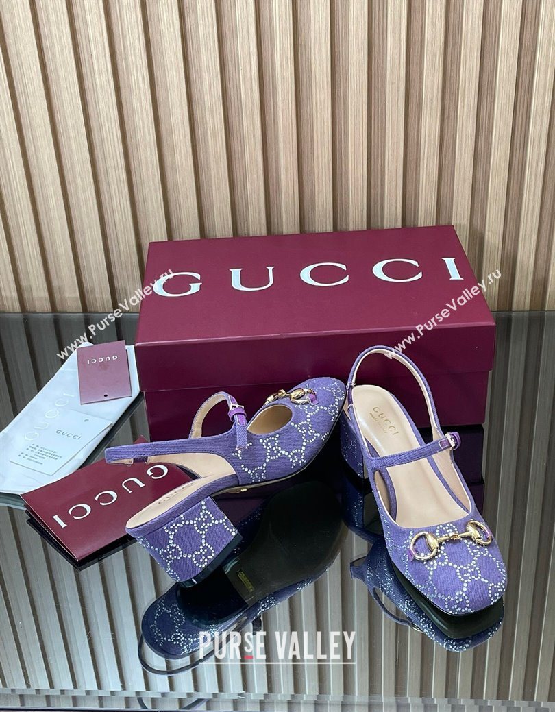 Gucci Horsebit Mary Janes Slingback Pumps 5.5cm in Strass Denim Purple 2025 801893 (MD-250828005)