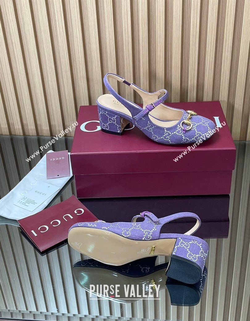 Gucci Horsebit Mary Janes Slingback Pumps 5.5cm in Strass Denim Purple 2025 801893 (MD-250828005)