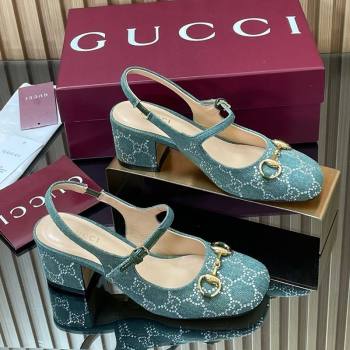 Gucci Horsebit Mary Janes Slingback Pumps 5.5cm in Strass Denim Green 2025 801893 (MD-250828006)
