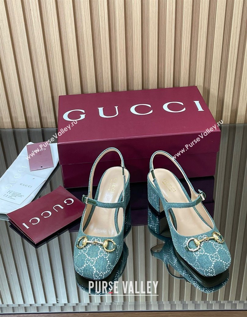 Gucci Horsebit Mary Janes Slingback Pumps 5.5cm in Strass Denim Green 2025 801893 (MD-250828006)