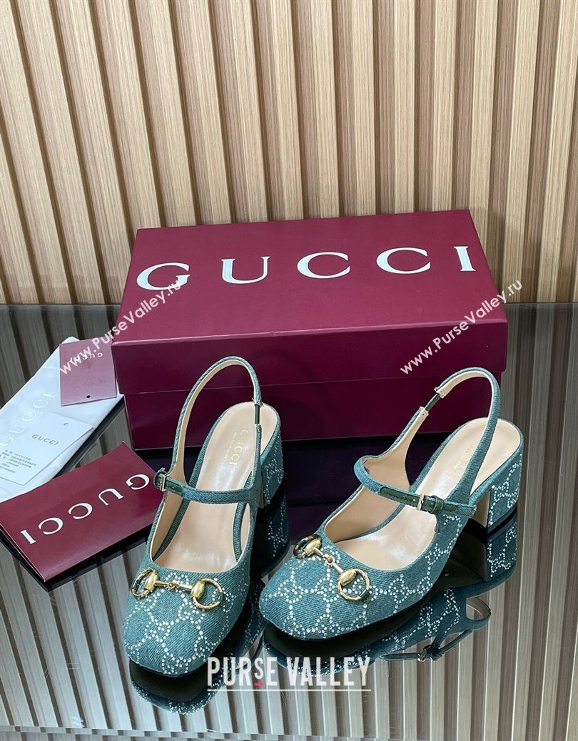 Gucci Horsebit Mary Janes Slingback Pumps 5.5cm in Strass Denim Green 2025 801893 (MD-250828006)