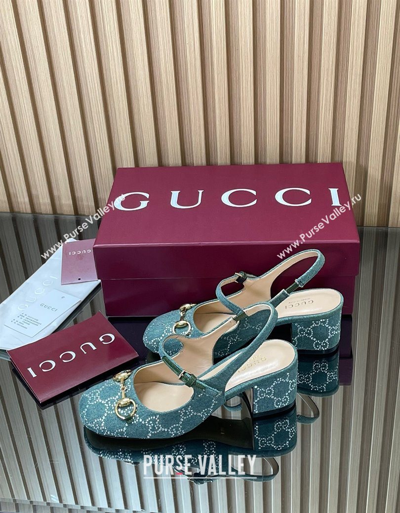 Gucci Horsebit Mary Janes Slingback Pumps 5.5cm in Strass Denim Green 2025 801893 (MD-250828006)
