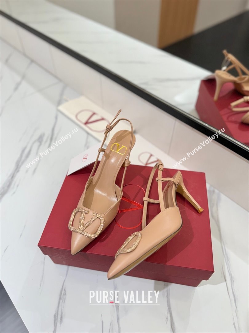 Valentino VLogo Signature Slingback Pumps 8cm in Calfskin with Strass Pale Pink 2025 VA082109 (MD-250821057)