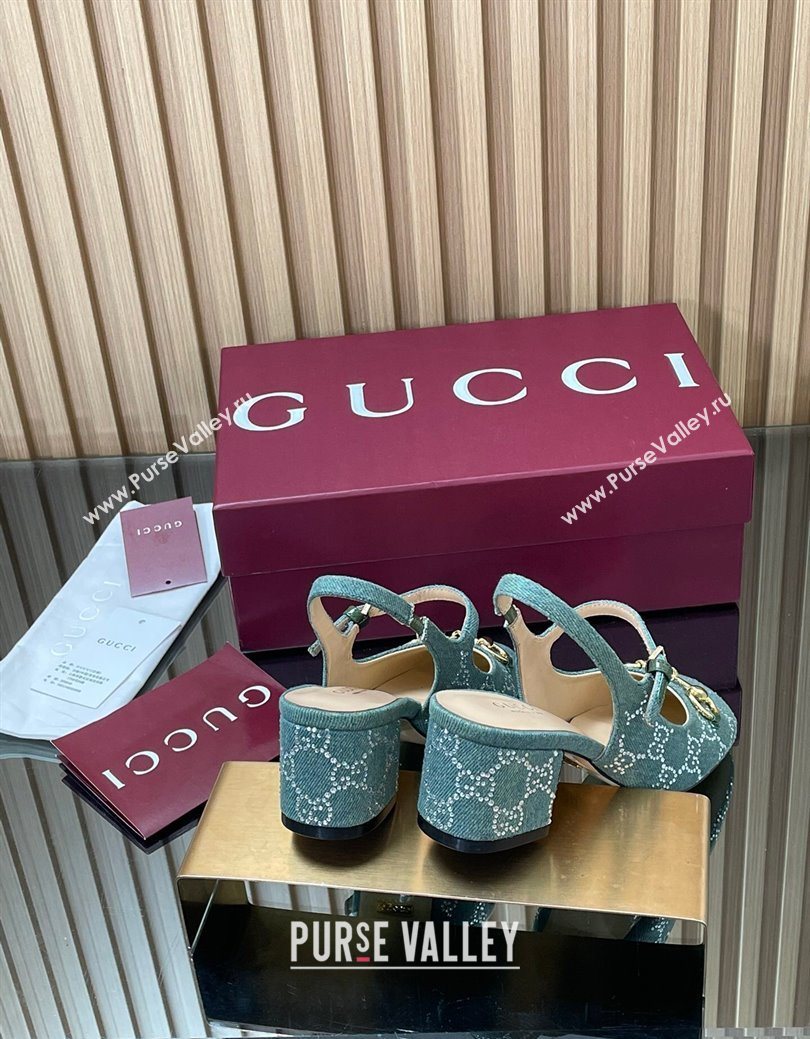 Gucci Horsebit Mary Janes Slingback Pumps 5.5cm in Strass Denim Green 2025 801893 (MD-250828006)
