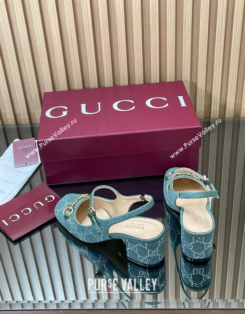 Gucci Horsebit Mary Janes Slingback Pumps 5.5cm in Strass Denim Green 2025 801893 (MD-250828006)