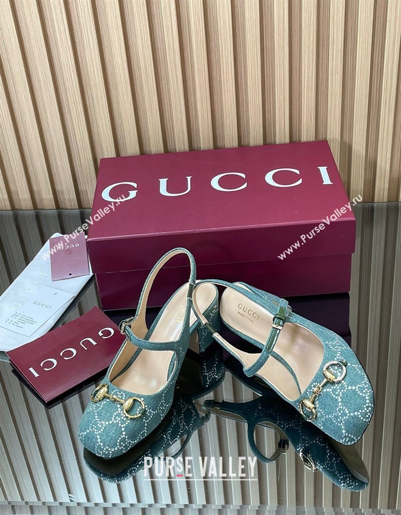 Gucci Horsebit Mary Janes Slingback Pumps 5.5cm in Strass Denim Green 2025 801893 (MD-250828006)