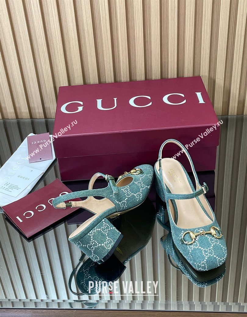 Gucci Horsebit Mary Janes Slingback Pumps 5.5cm in Strass Denim Green 2025 801893 (MD-250828006)
