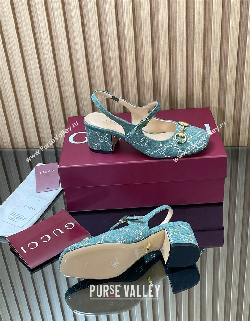Gucci Horsebit Mary Janes Slingback Pumps 5.5cm in Strass Denim Green 2025 801893 (MD-250828006)