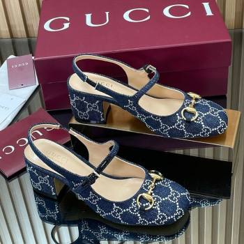 Gucci Horsebit Mary Janes Slingback Pumps 5.5cm in Strass Denim Blue 2025 801893 (MD-250828007)