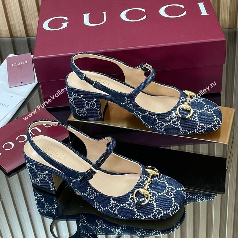 Gucci Horsebit Mary Janes Slingback Pumps 5.5cm in Strass Denim Blue 2025 801893 (MD-250828007)