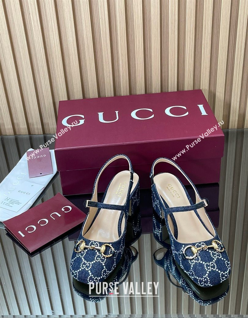 Gucci Horsebit Mary Janes Slingback Pumps 5.5cm in Strass Denim Blue 2025 801893 (MD-250828007)