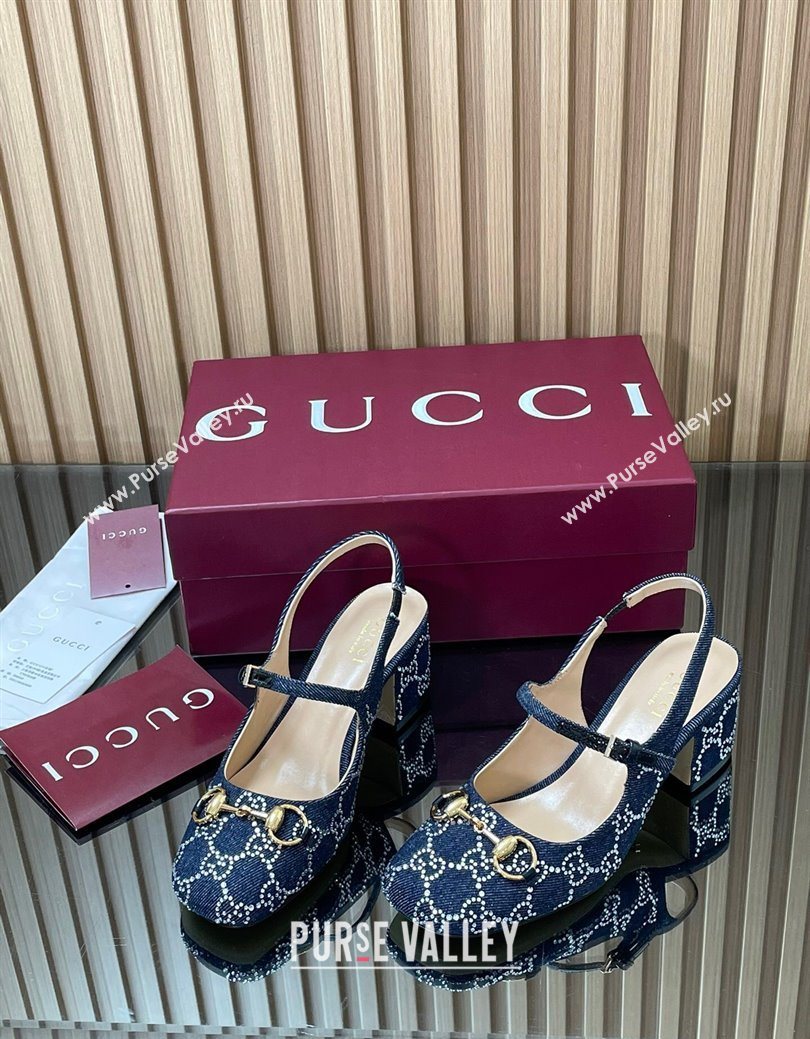 Gucci Horsebit Mary Janes Slingback Pumps 5.5cm in Strass Denim Blue 2025 801893 (MD-250828007)
