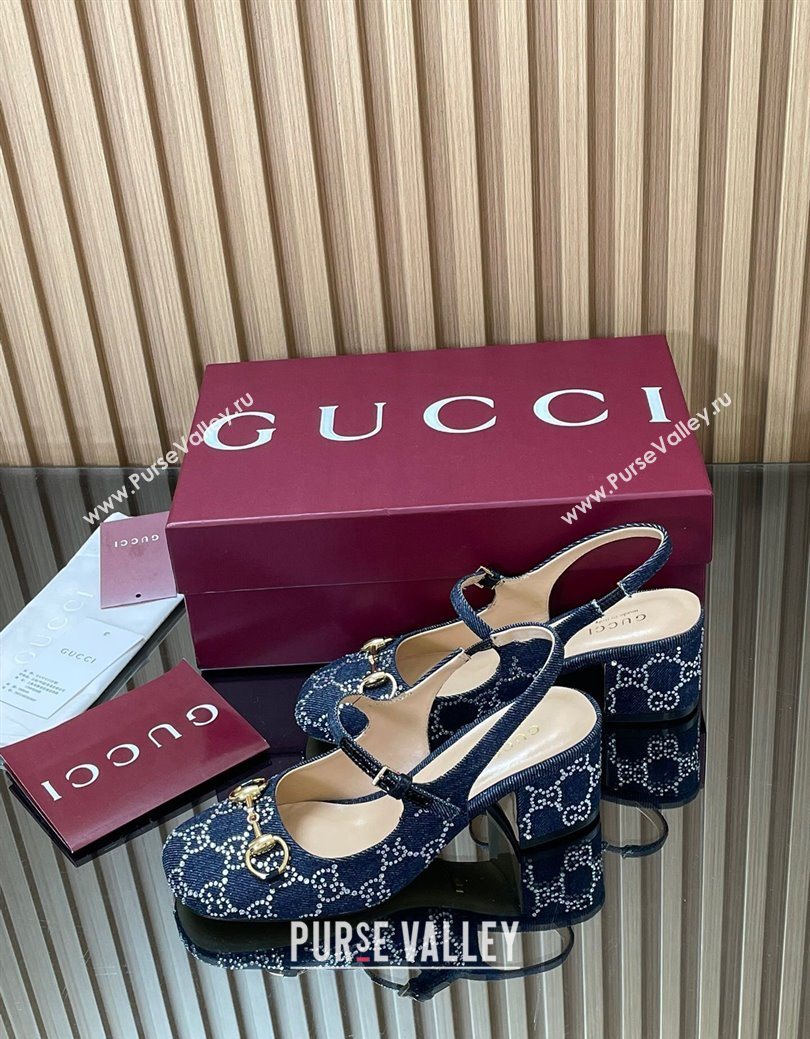 Gucci Horsebit Mary Janes Slingback Pumps 5.5cm in Strass Denim Blue 2025 801893 (MD-250828007)