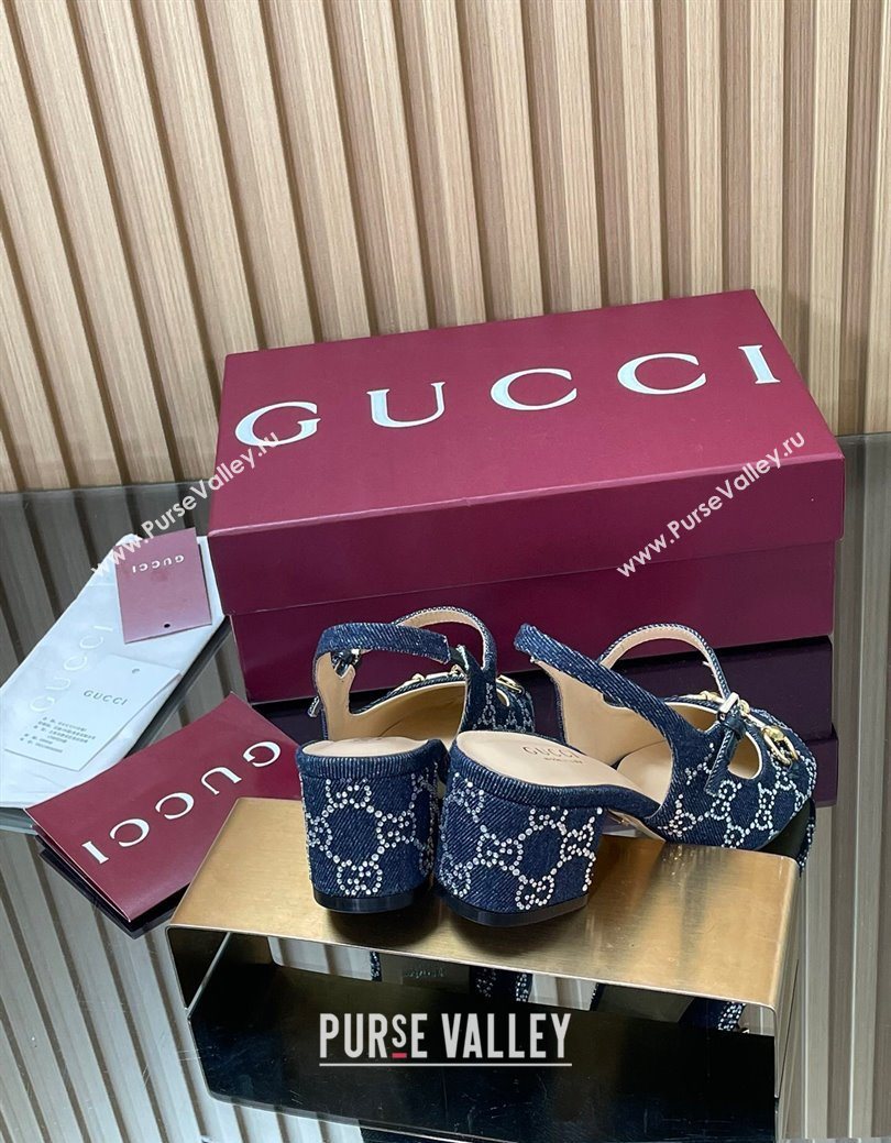 Gucci Horsebit Mary Janes Slingback Pumps 5.5cm in Strass Denim Blue 2025 801893 (MD-250828007)
