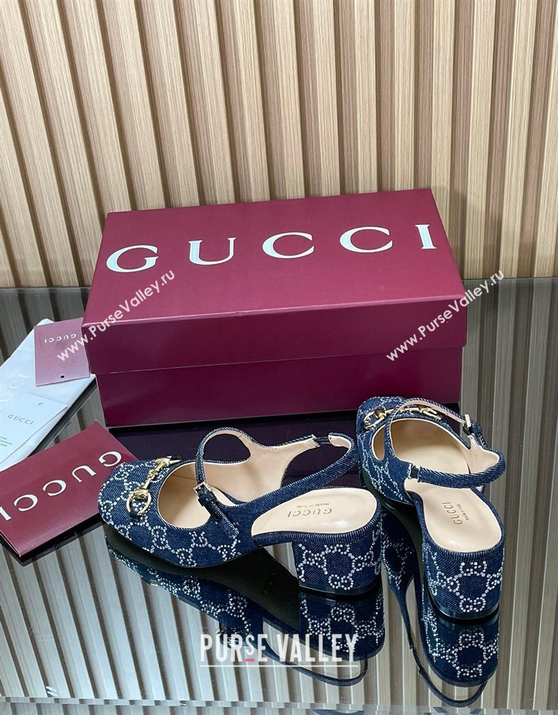 Gucci Horsebit Mary Janes Slingback Pumps 5.5cm in Strass Denim Blue 2025 801893 (MD-250828007)