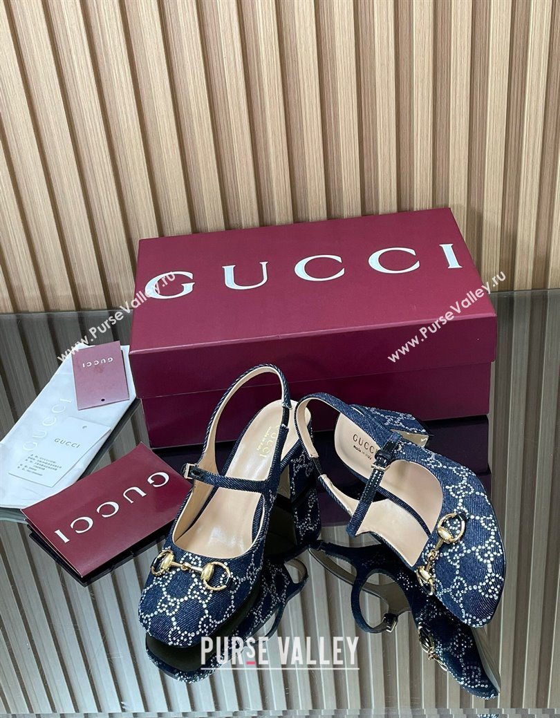 Gucci Horsebit Mary Janes Slingback Pumps 5.5cm in Strass Denim Blue 2025 801893 (MD-250828007)