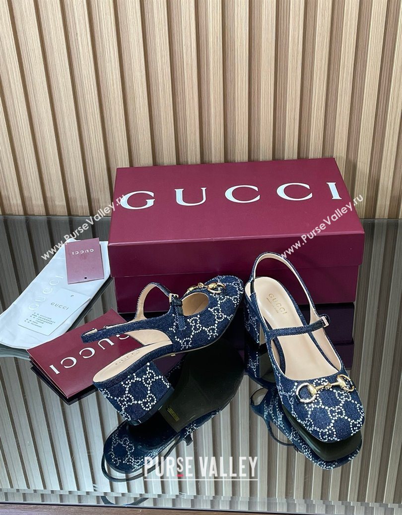 Gucci Horsebit Mary Janes Slingback Pumps 5.5cm in Strass Denim Blue 2025 801893 (MD-250828007)