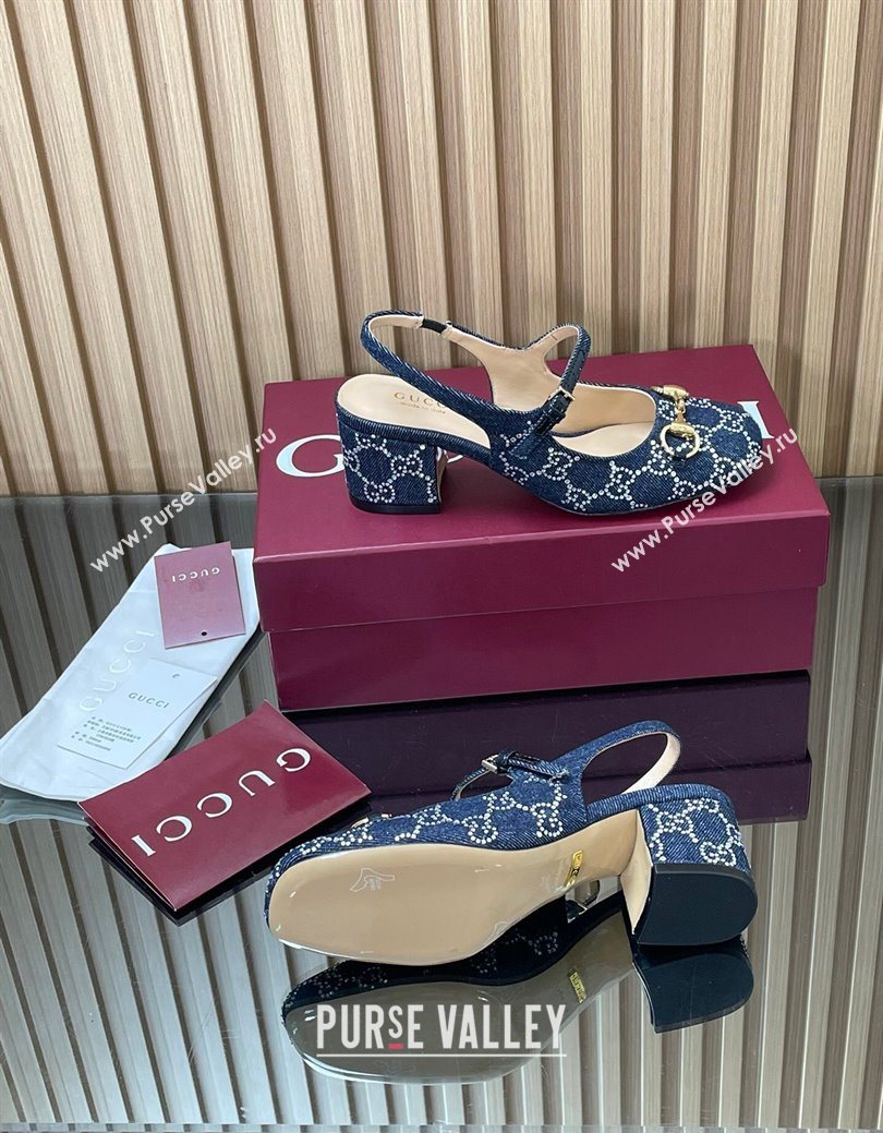 Gucci Horsebit Mary Janes Slingback Pumps 5.5cm in Strass Denim Blue 2025 801893 (MD-250828007)