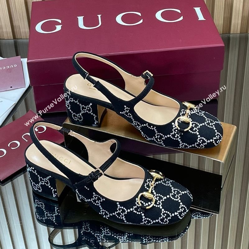 Gucci Horsebit Mary Janes Slingback Pumps 5.5cm in Strass Denim Black 2025 801893 (MD-250828008)