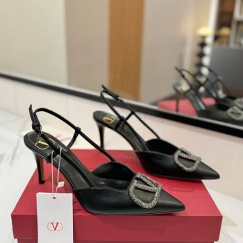 Valentino VLogo Signature Slingback Pumps 8cm in Calfskin with Strass Black/Grey 2025 VA082109 (MD-250821059)