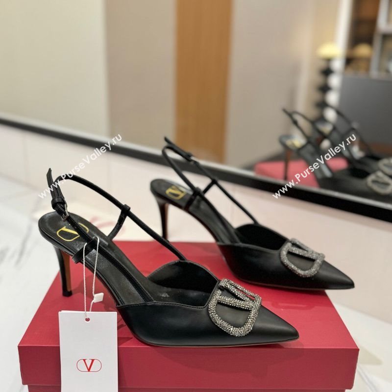 Valentino VLogo Signature Slingback Pumps 8cm in Calfskin with Strass Black/Grey 2025 VA082109 (MD-250821059)