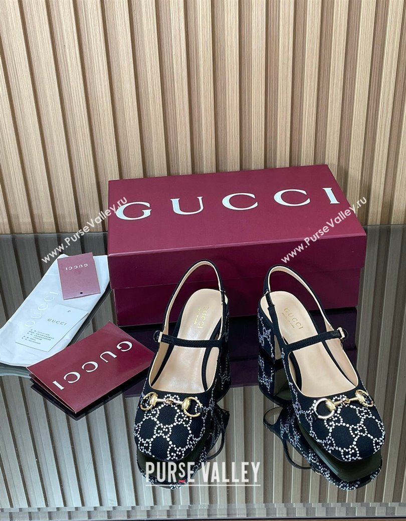 Gucci Horsebit Mary Janes Slingback Pumps 5.5cm in Strass Denim Black 2025 801893 (MD-250828008)