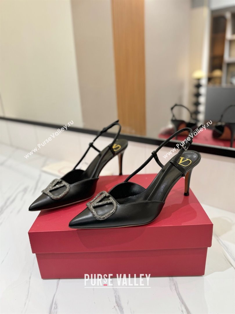 Valentino VLogo Signature Slingback Pumps 8cm in Calfskin with Strass Black/Grey 2025 VA082109 (MD-250821059)